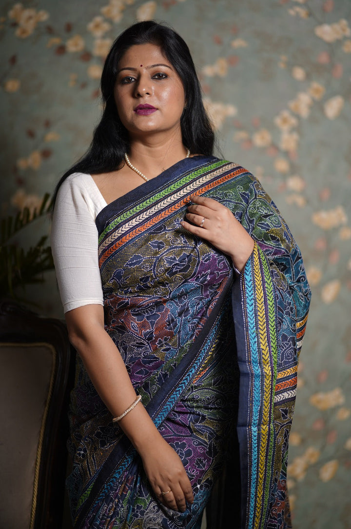Exotic Reverse Kantha Hand Embroidery on Pure Bangalore Silk Saree in Midnight Blue with Anchor Thread | SILK MARK CERTIFIED | SHOBITAM