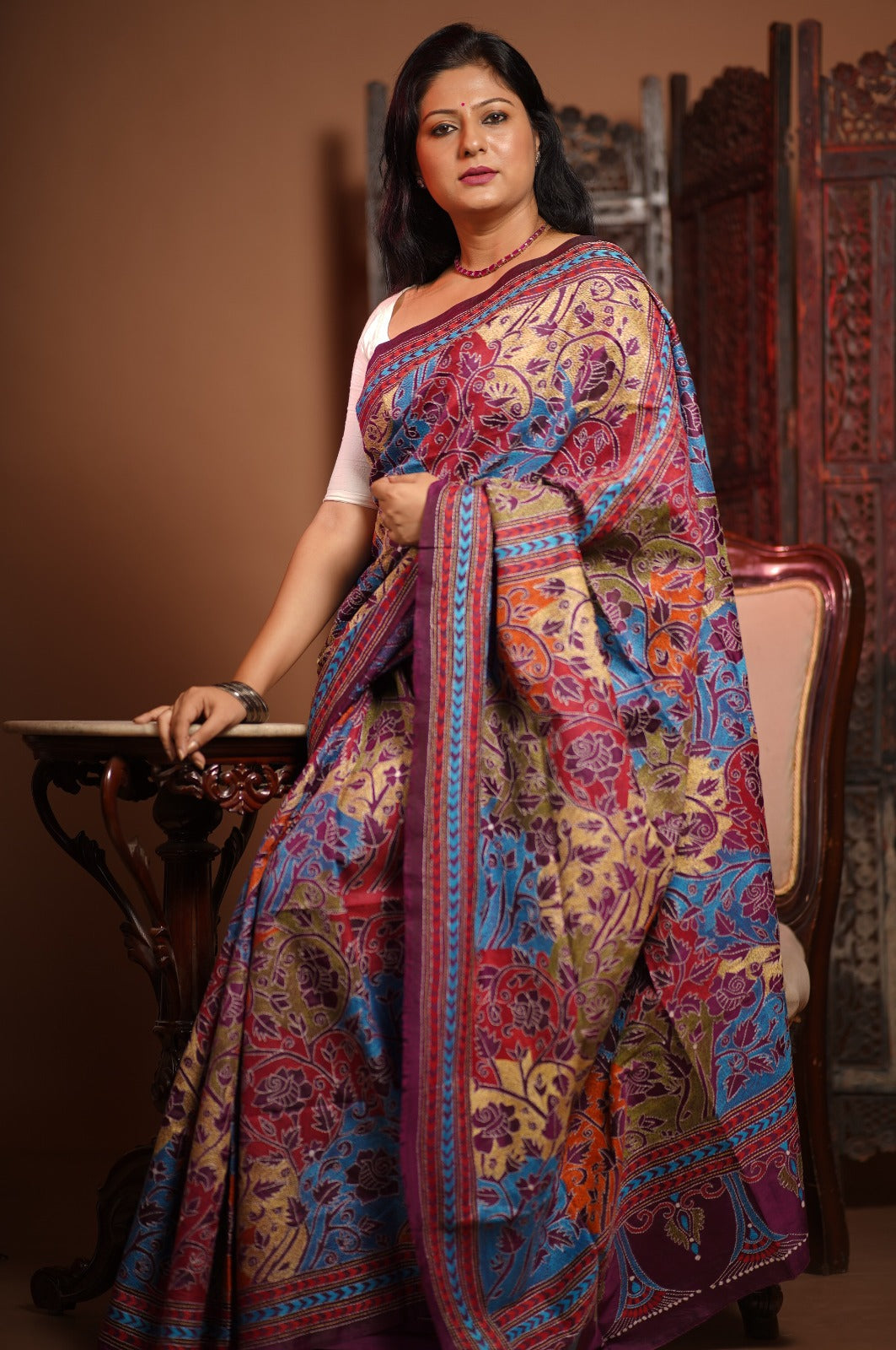 Exotic Reverse Kantha Hand Embroidery on Pure Bangalore Silk Saree in Plum | SILK MARK CERTIFIED | SHOBITAM