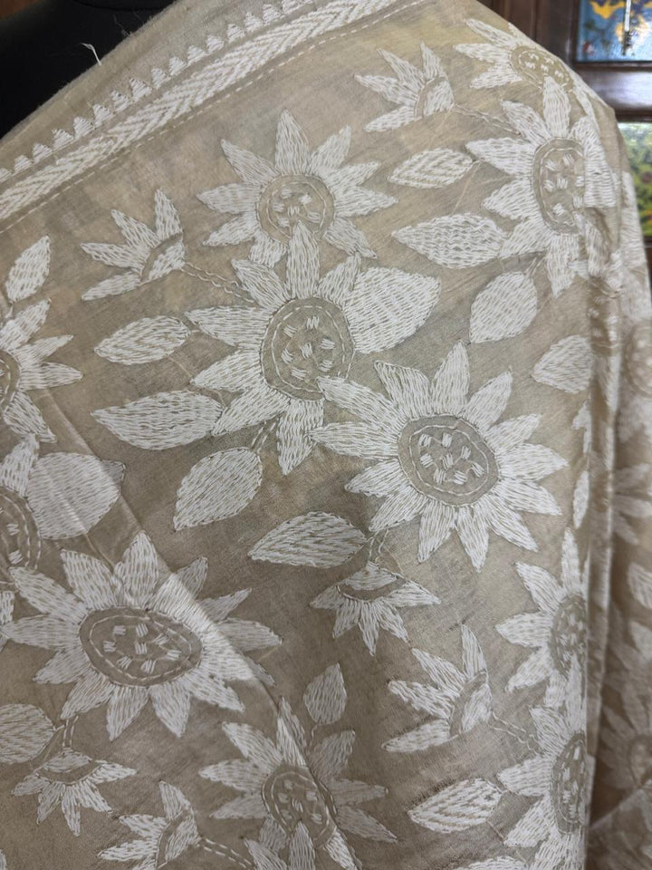 Exquisite White Monocolour Intricate Kantha Hand Embroidery on Pure Natural Gachi Tussar Silk Saree | SILK MARK CERTIFIED | SHOBITAM