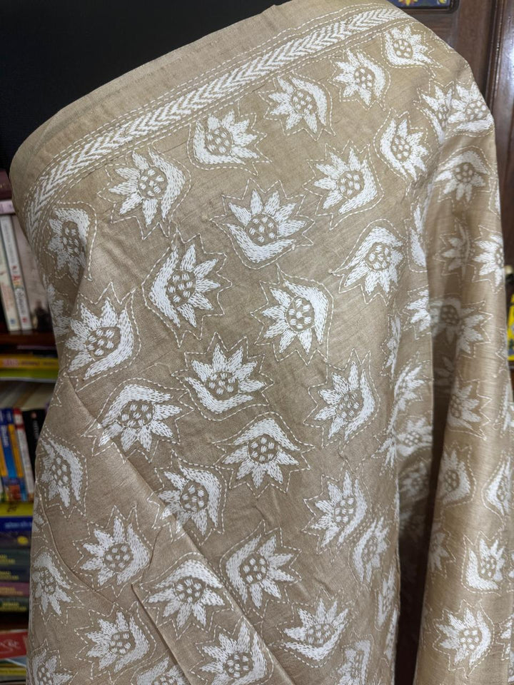 Exquisite White monocolour Intricate Kantha hand embroidery on Gachi Tussar silk saree | SILK MARK CERTIFIED | SHOBITAM