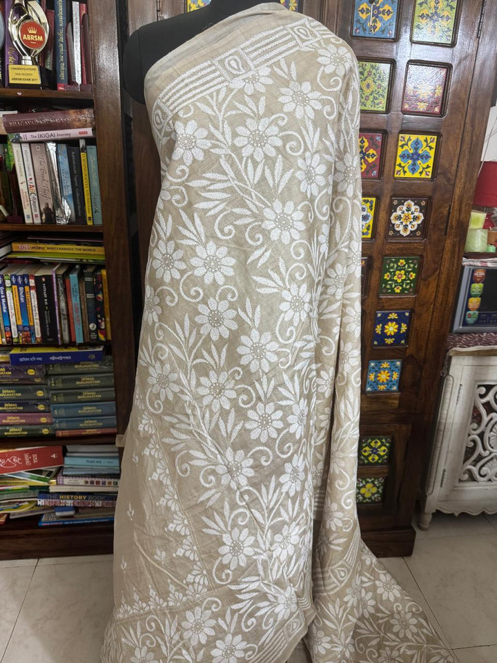 Exquisite White Monocolour Intricate Kantha Hand Embroidery on Pure Natural Tussar Silk Saree | SILK MARK CERTIFIED | SHOBITAM