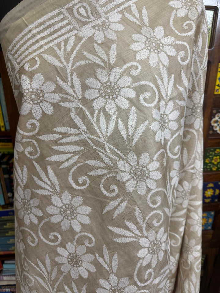 Exquisite White Monocolour Intricate Kantha Hand Embroidery on Pure Natural Tussar Silk Saree | SILK MARK CERTIFIED | SHOBITAM