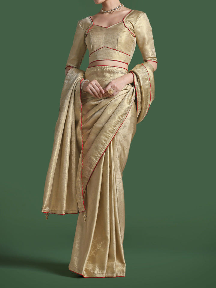 Golden Kanjivaram Satin Silk Woven Saree | SHOBITAM