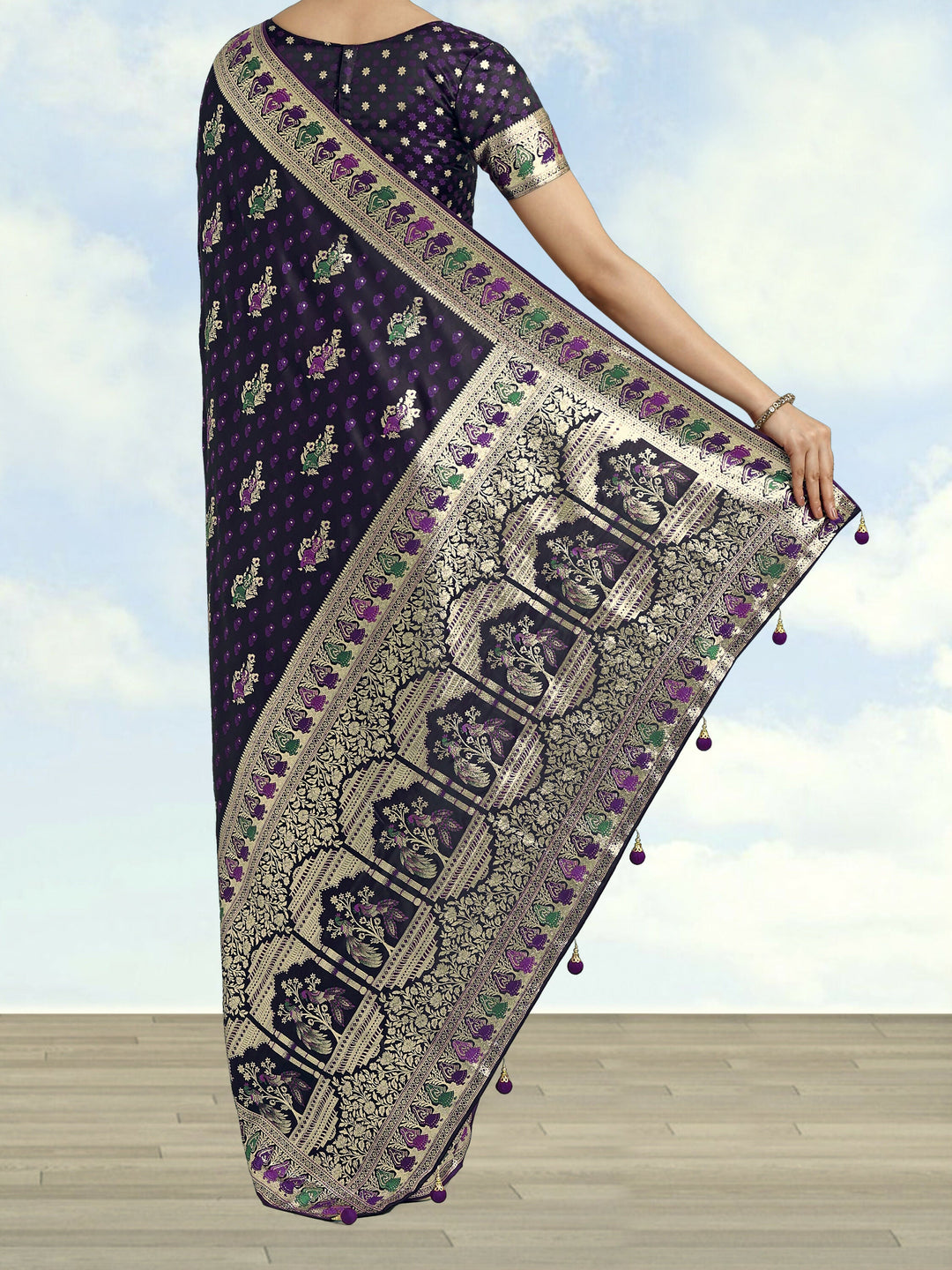 Purple With Gold Bordar Banarasi Satin Zari Woven Saree | SHOBITAM