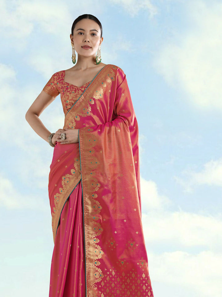 Red Color Paisley Zari Woven Semi Banarasi Tissue Silk Saree  | SHOBITAM