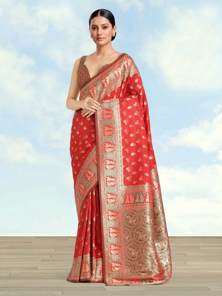 Red Color Weaving Semi Banarasi Silk Saree| SHOBITAM