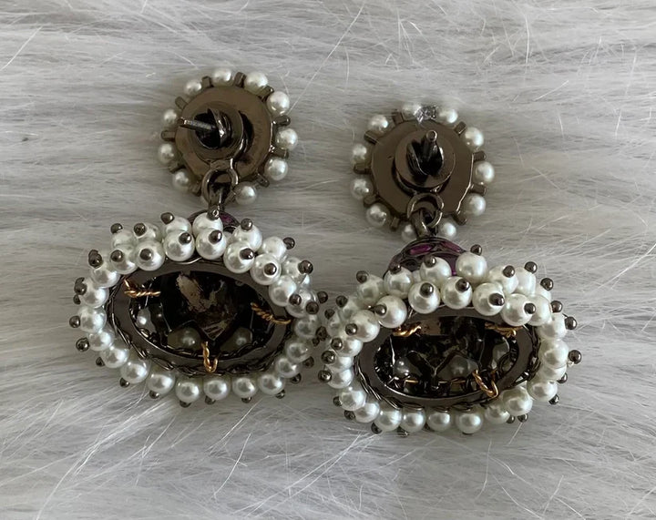 Black finish precious kemp pearl jhumkka with detachable stud | SHOBITAM