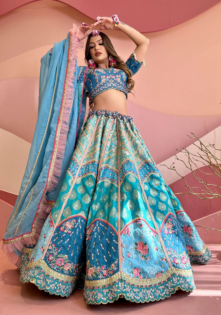 Shades of Blue Jacquard Lehenga Set with embroidery and can-can, Customizable, Made to order