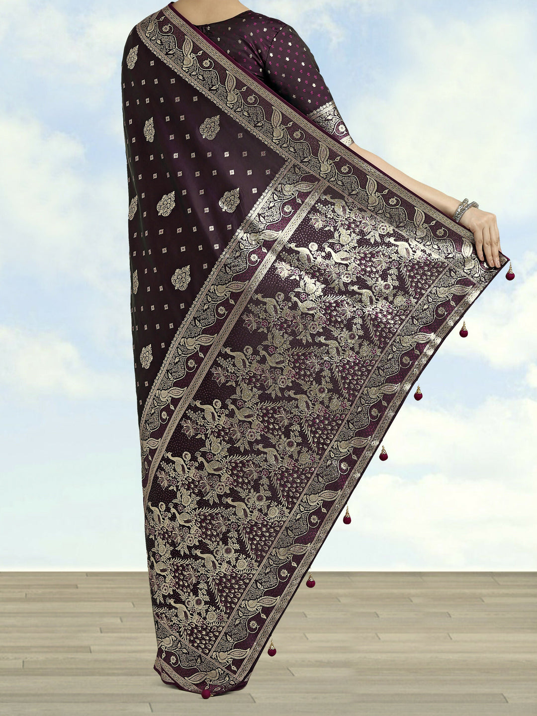Wine Woven Banarasi Satin Silk Saree | SHOBITAM