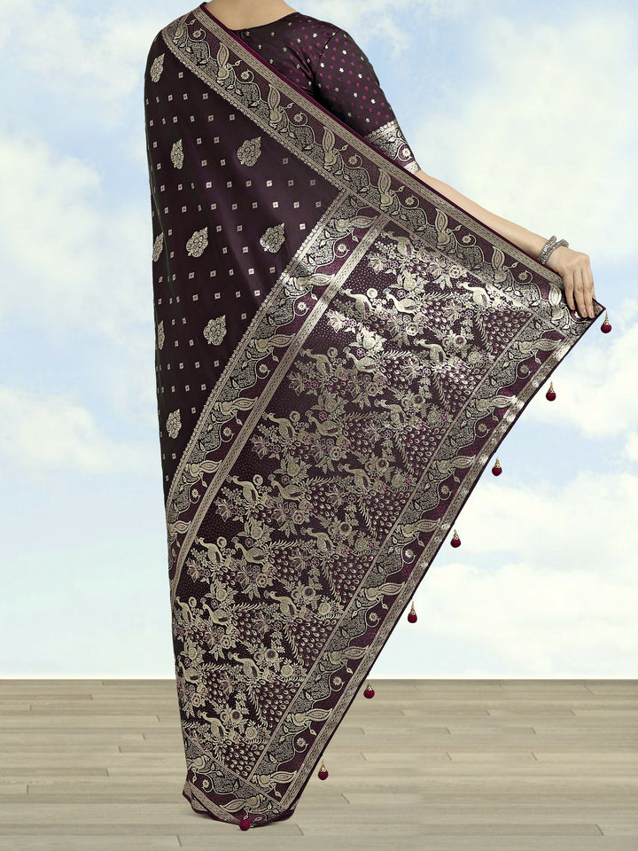 Wine Woven Banarasi Satin Silk Saree | SHOBITAM