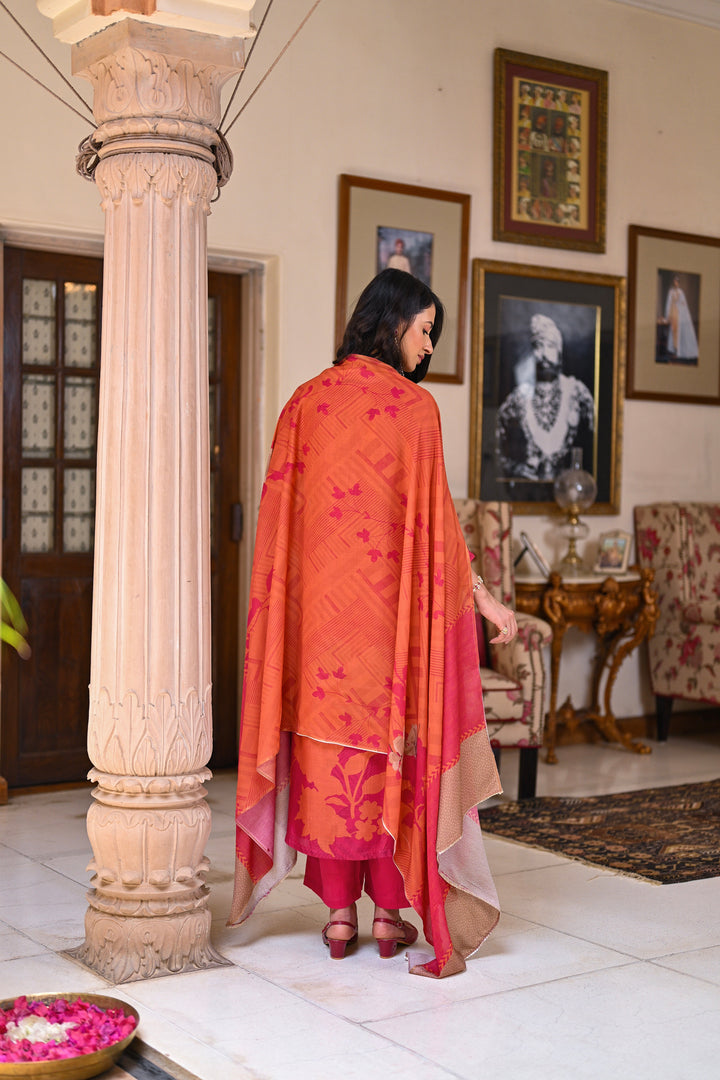 Fresh Pink and Orange Bloom Pure Muslin Suit Set With Patch Work and Moti with Tube Bead Work - SET OF-3 | SHOBITAM