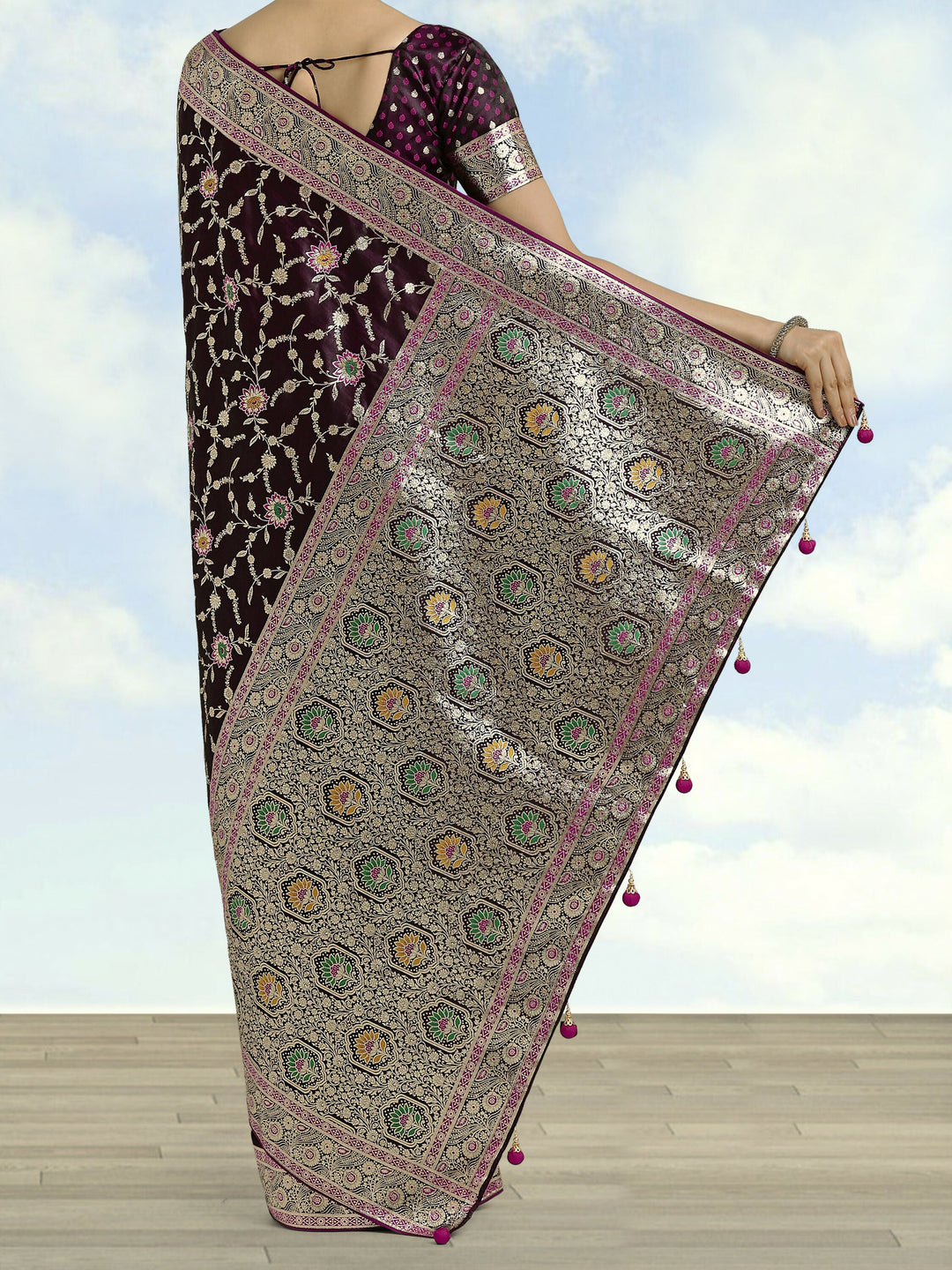 Wine Zari Woven Banarasi Satin Silk Saree | SHOBITAM