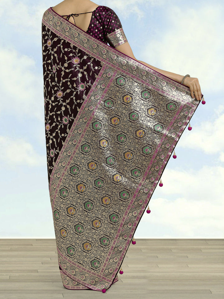 Wine Zari Woven Banarasi Satin Silk Saree | SHOBITAM