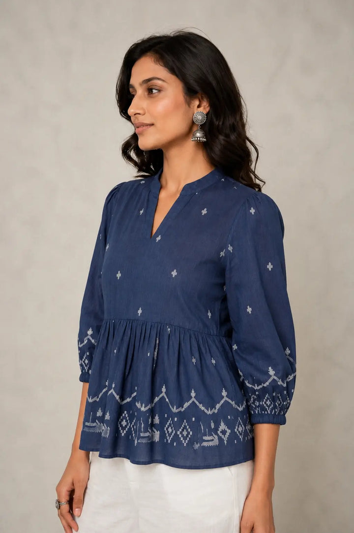 Handloom Indigo Jamdani Peplum Top | SHOBITAM