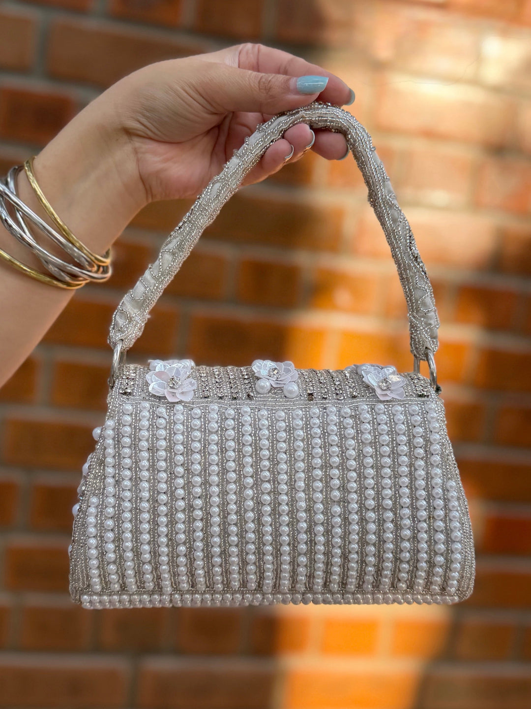 SILVER MUSE Shimmery Beads and Floral bag
