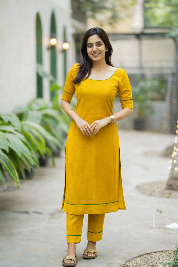Raha Yellow Kurti Set (Set of 2) | SHOBITAM
