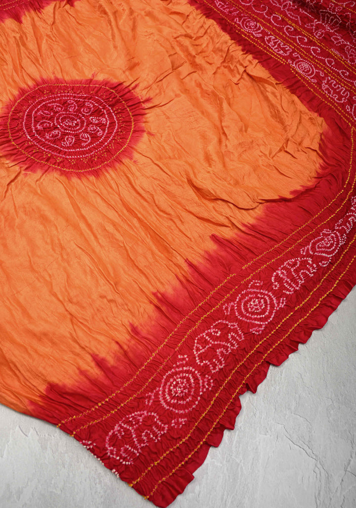 Sunset Orange Hand Shibori Mandala Dye and Bandhej Design on Gajji Silk Panetar Saree with crushed Pallu | SILK MARK
