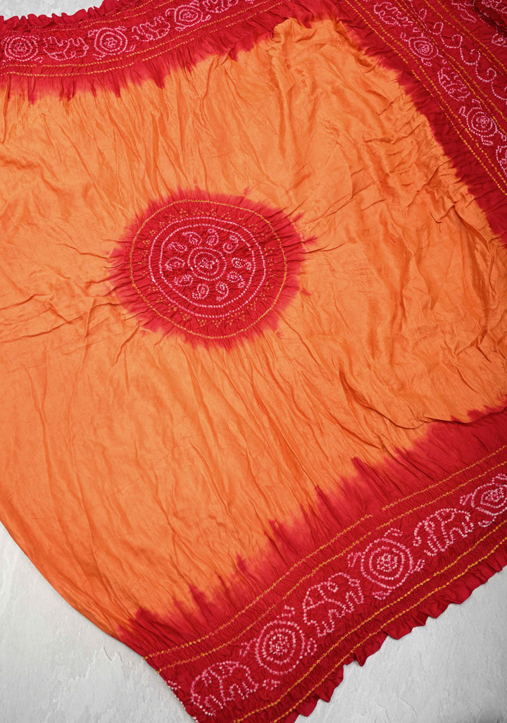 Sunset Orange Hand Shibori Mandala Dye and Bandhej Design on Gajji Silk Panetar Saree with crushed Pallu | SILK MARK