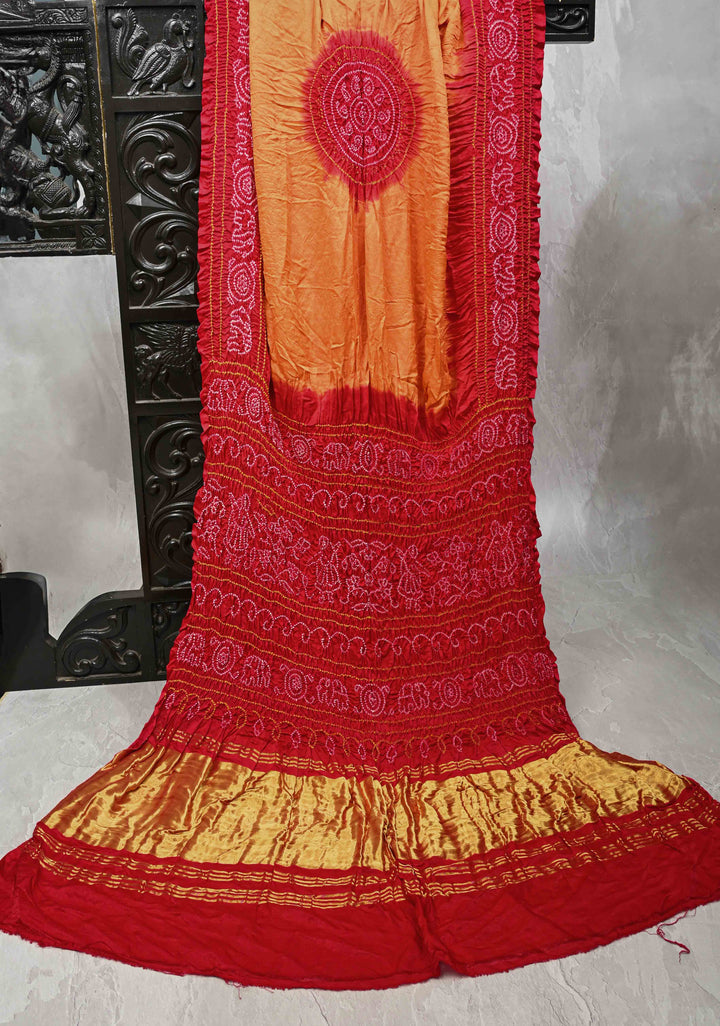 Sunset Orange Hand Shibori Mandala Dye and Bandhej Design on Gajji Silk Panetar Saree with crushed Pallu | SILK MARK