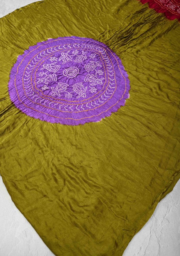 Hand Shibori mandala Dye and bandhej design in olive yellow on kaftan habutai silk Saree | SILK MARK CERTIFIED