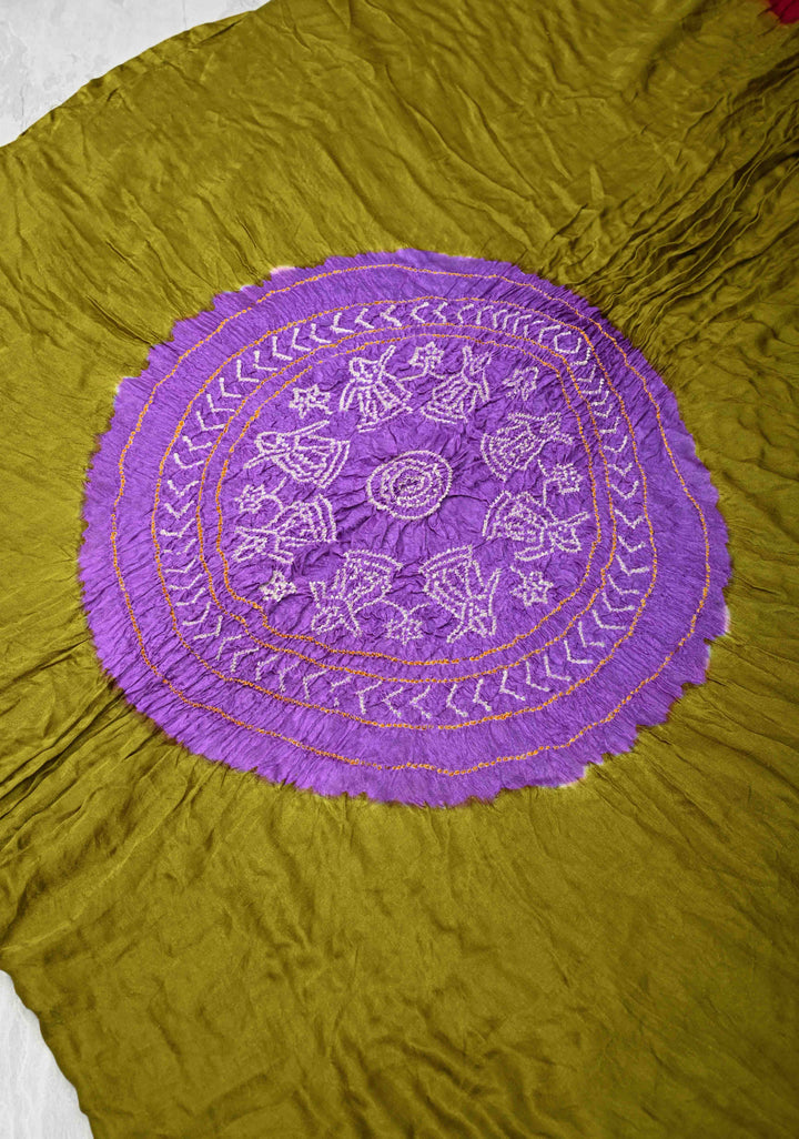 Hand Shibori mandala Dye and bandhej design in olive yellow on kaftan habutai silk Saree | SILK MARK CERTIFIED