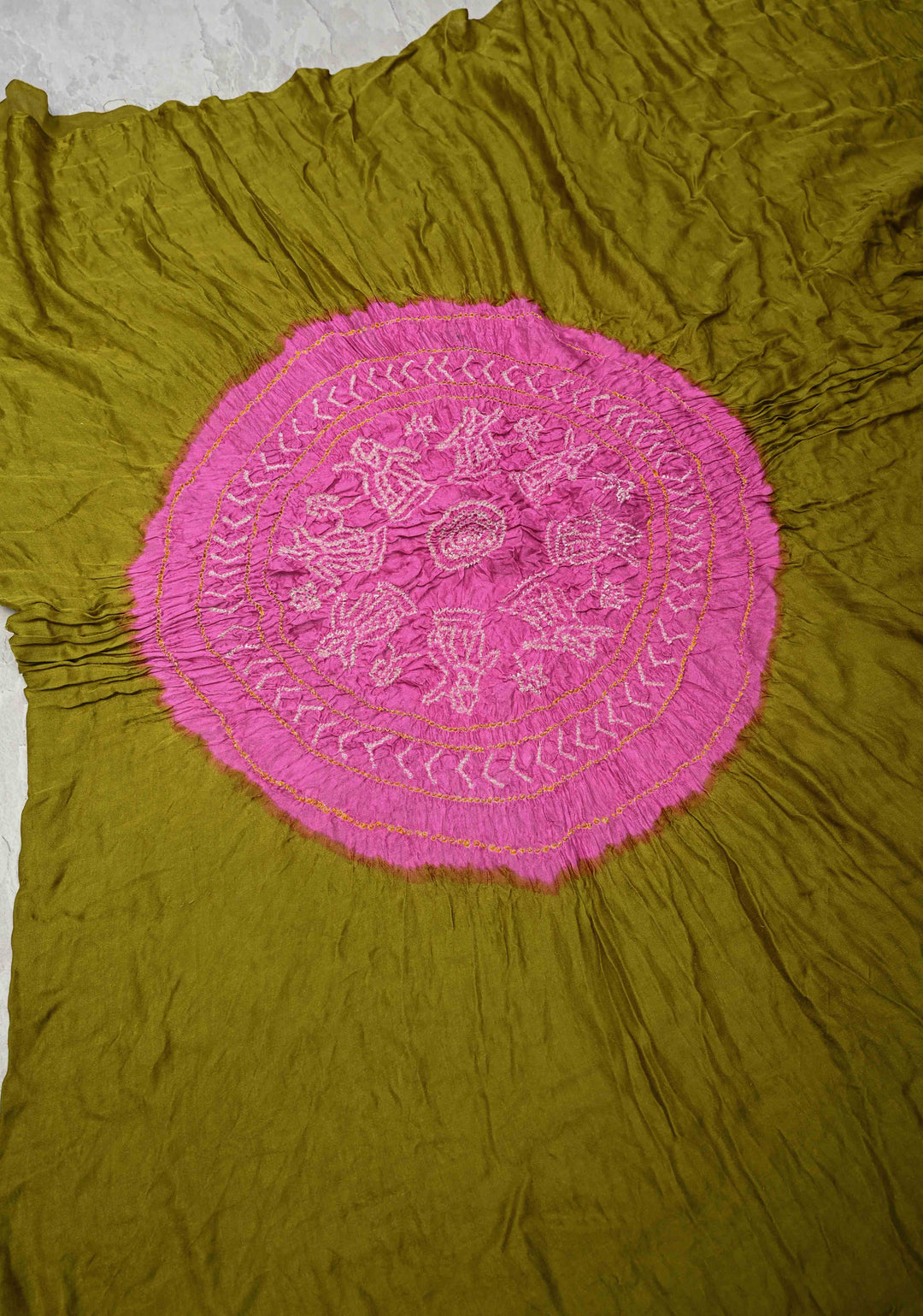 Hand Shibori mandala Dye and bandhej design in olive yellow on kaftan habutai silk Saree | SILK MARK CERTIFIED