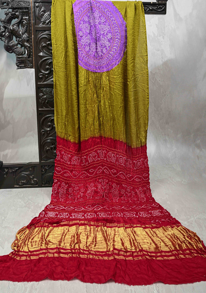 Hand Shibori mandala Dye and bandhej design in olive yellow on kaftan habutai silk Saree | SILK MARK CERTIFIED