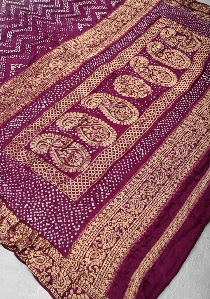 Pure gajji silk with Nakshi Border and sarkam Bandhej Chevon Pattern in Plum | SILK MARK CERTIFIED