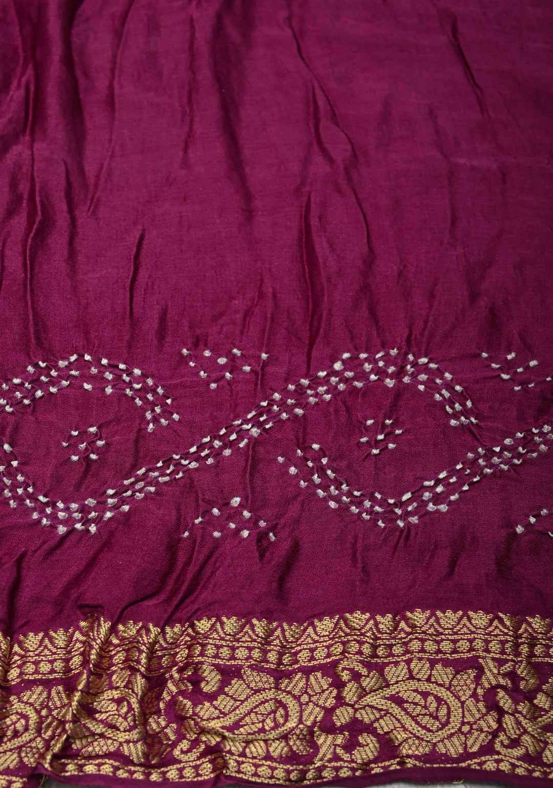 Pure gajji silk with Nakshi Border and sarkam Bandhej Chevon Pattern in Plum | SILK MARK CERTIFIED