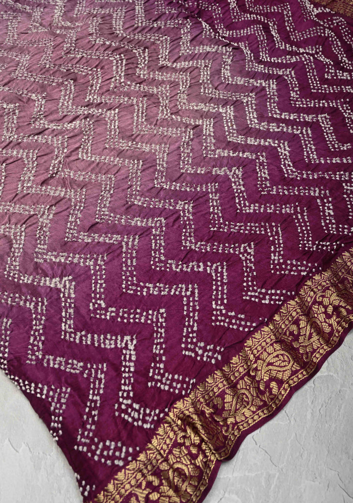 Pure gajji silk with Nakshi Border and sarkam Bandhej Chevon Pattern in Plum | SILK MARK CERTIFIED