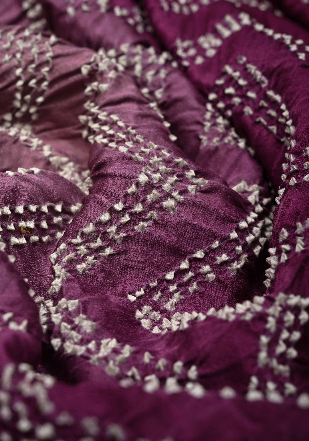 Pure gajji silk with Nakshi Border and sarkam Bandhej Chevon Pattern in Plum | SILK MARK CERTIFIED