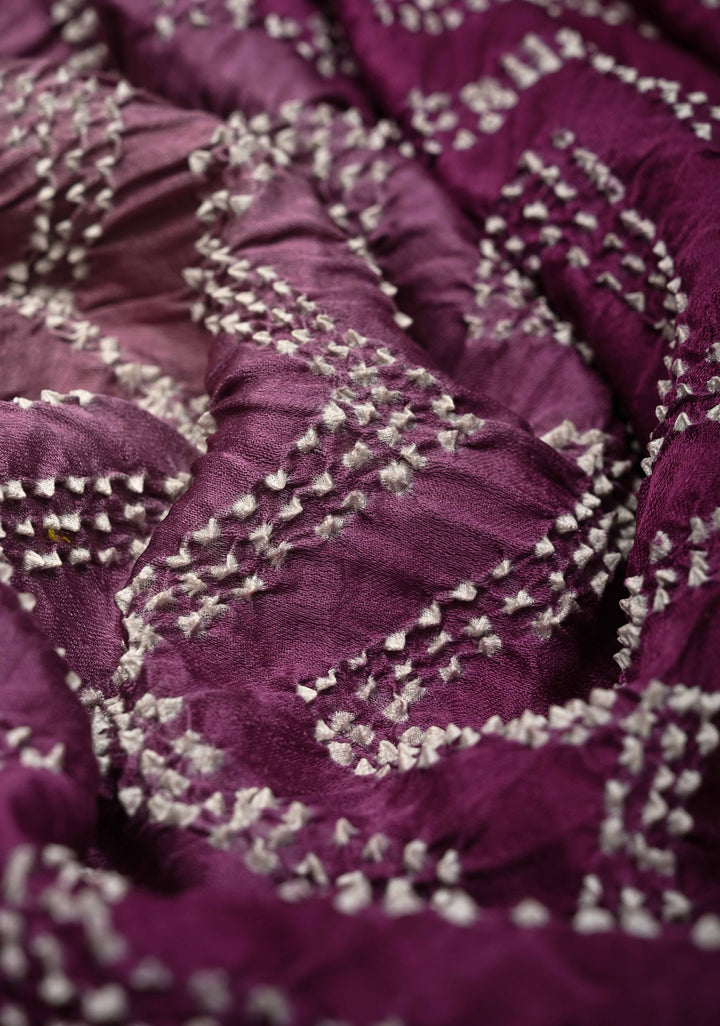 Pure gajji silk with Nakshi Border and sarkam Bandhej Chevon Pattern in Plum | SILK MARK CERTIFIED
