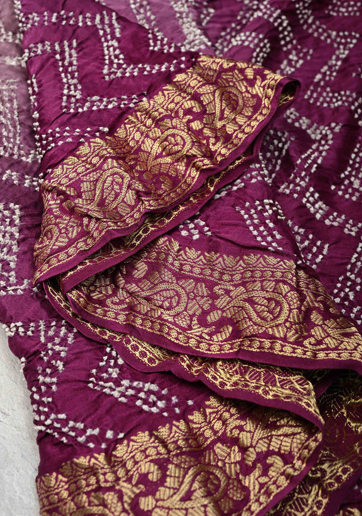 Pure gajji silk with Nakshi Border and sarkam Bandhej Chevon Pattern in Plum | SILK MARK CERTIFIED