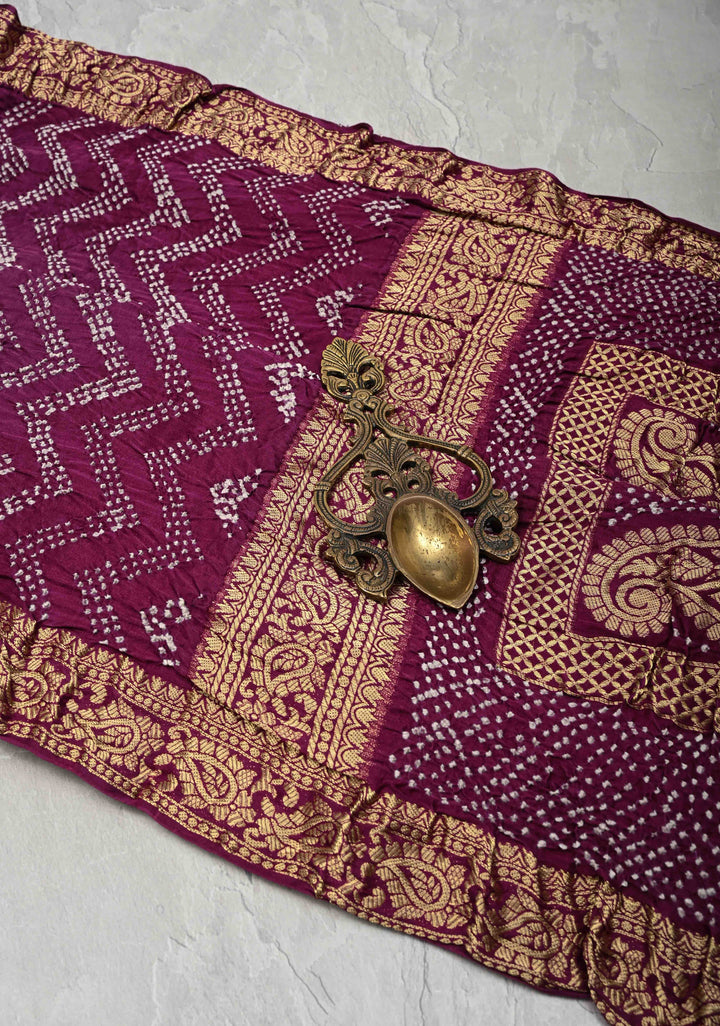 Pure gajji silk with Nakshi Border and sarkam Bandhej Chevon Pattern in Plum | SILK MARK CERTIFIED
