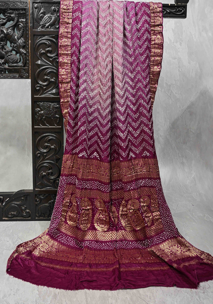 Pure gajji silk with Nakshi Border and sarkam Bandhej Chevon Pattern in Plum | SILK MARK CERTIFIED
