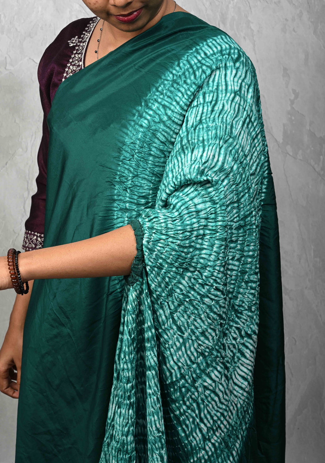Dark Teal Hand Shibori mandala Dye and bandhej design on Habutai silk Saree | SILK MARK CERTIFIED