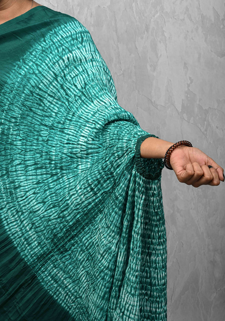 Dark Teal Hand Shibori mandala Dye and bandhej design on Habutai silk Saree | SILK MARK CERTIFIED