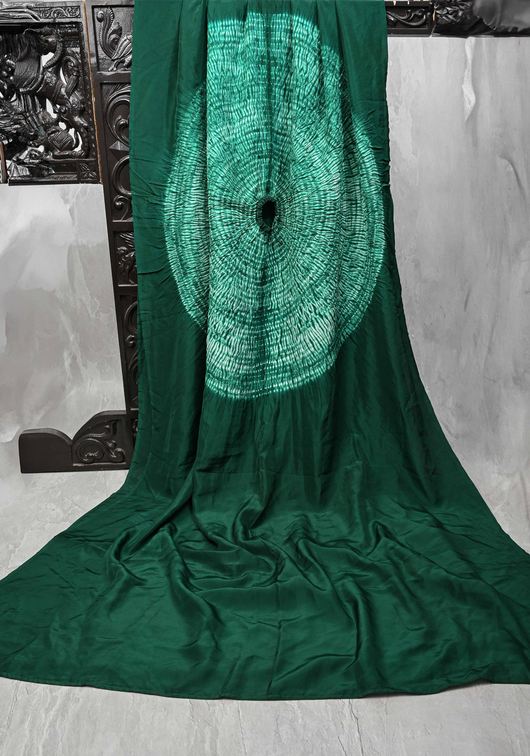 Dark Teal Hand Shibori mandala Dye and bandhej design on Habutai silk Saree | SILK MARK CERTIFIED