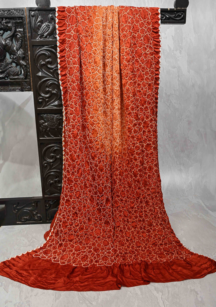 Rust Orange Hand Bandhej on Banarasi Mashru Silk Saree | SILK MARK CERTIFIED