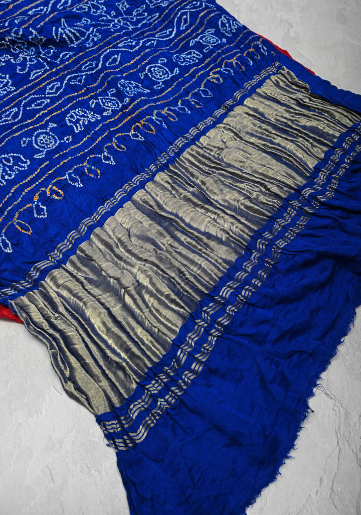 Pure Gajji Silk Saree in Red with Blue Sarkam Bandhej Mandalas | SILK MARK CERTIFIED