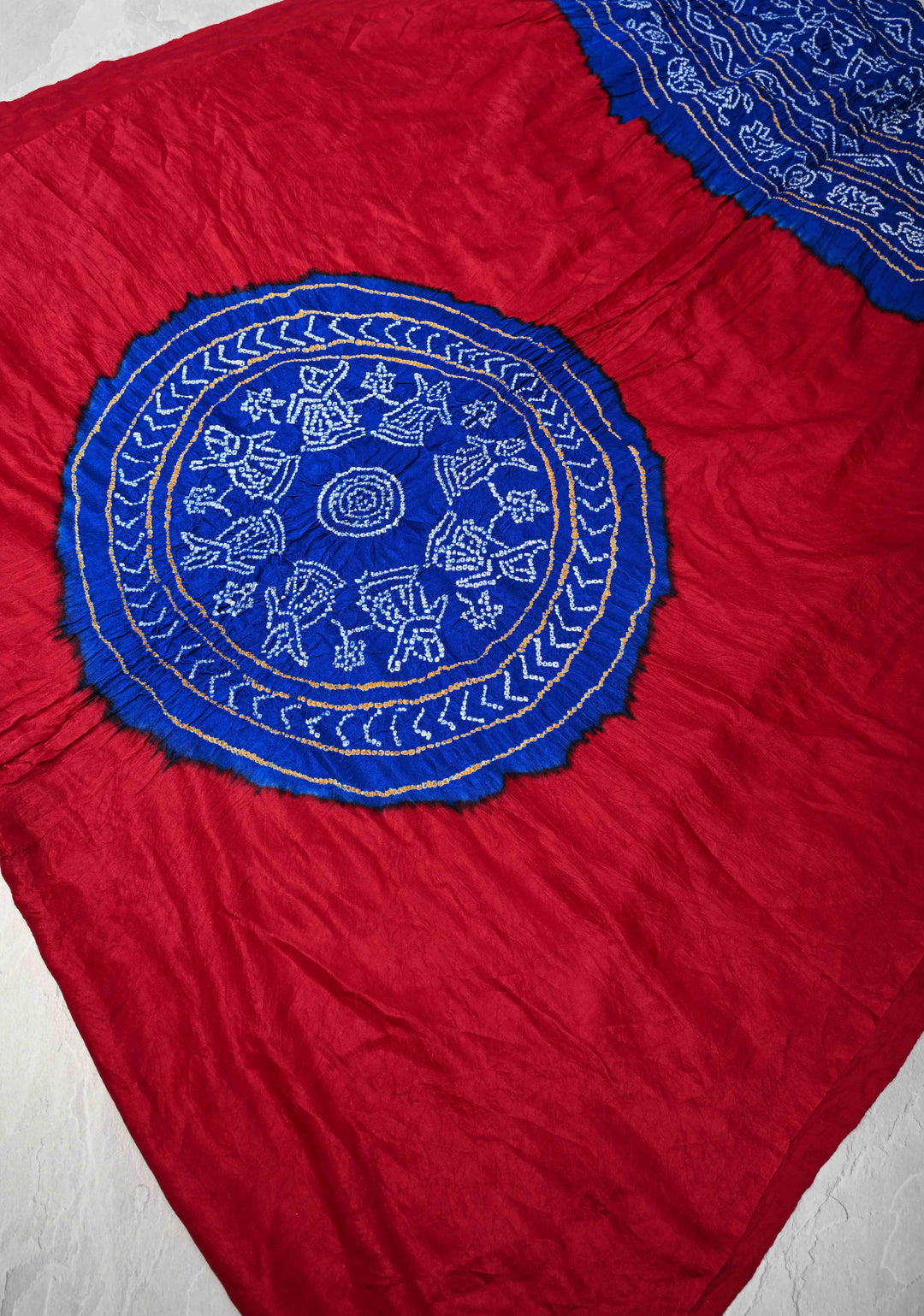 Pure Gajji Silk Saree in Red with Blue Sarkam Bandhej Mandalas | SILK MARK CERTIFIED