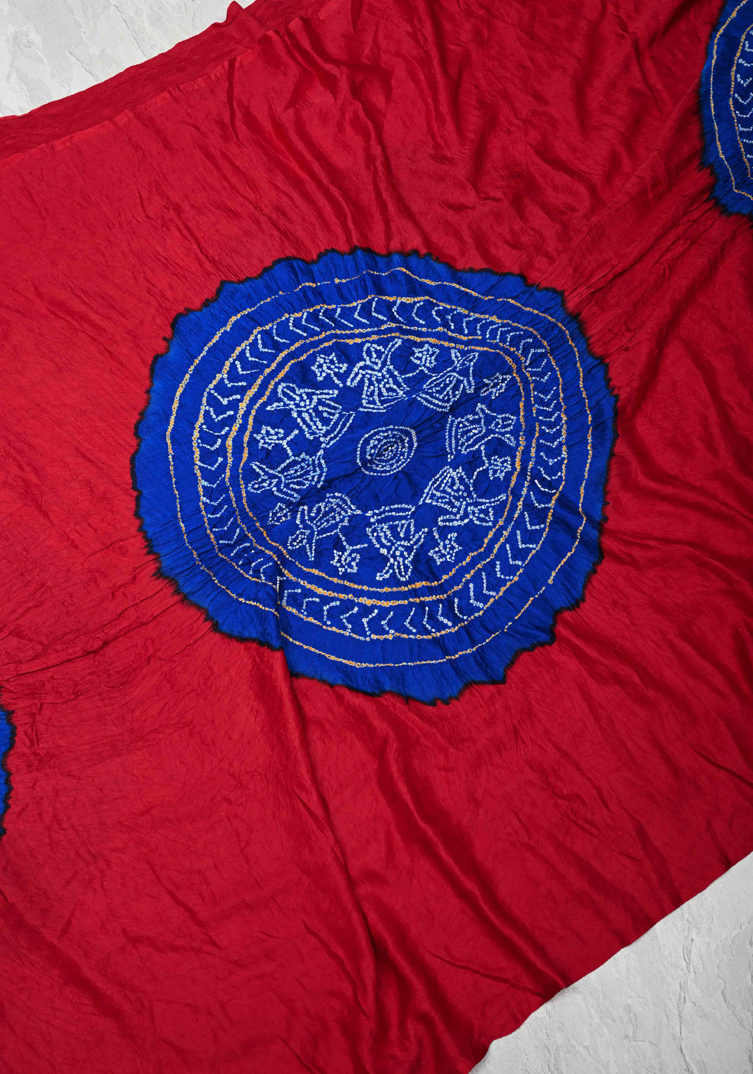Pure Gajji Silk Saree in Red with Blue Sarkam Bandhej Mandalas | SILK MARK CERTIFIED