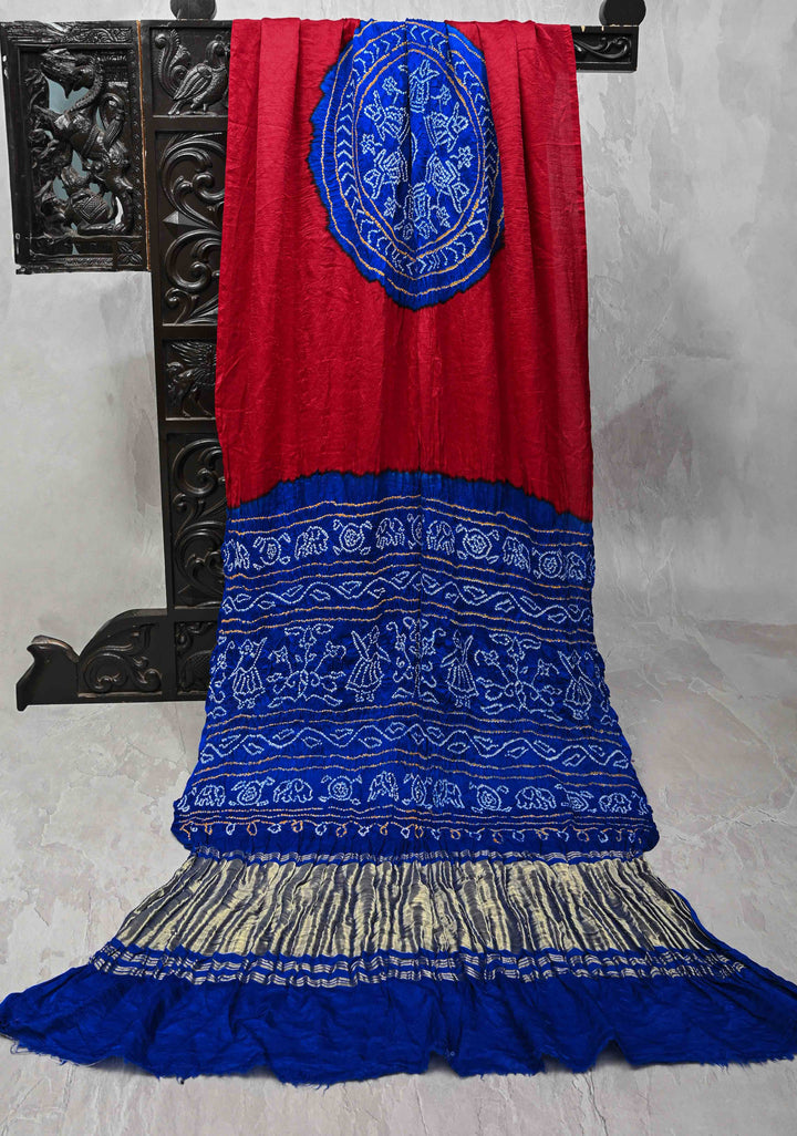 Pure Gajji Silk Saree in Red with Blue Sarkam Bandhej Mandalas | SILK MARK CERTIFIED