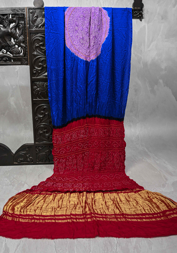 Royal Blue Hand Shibori Mandala Dye and Bandhej Design on Kaftan Habutai Silk Saree | SILK MARK CERTIFIED