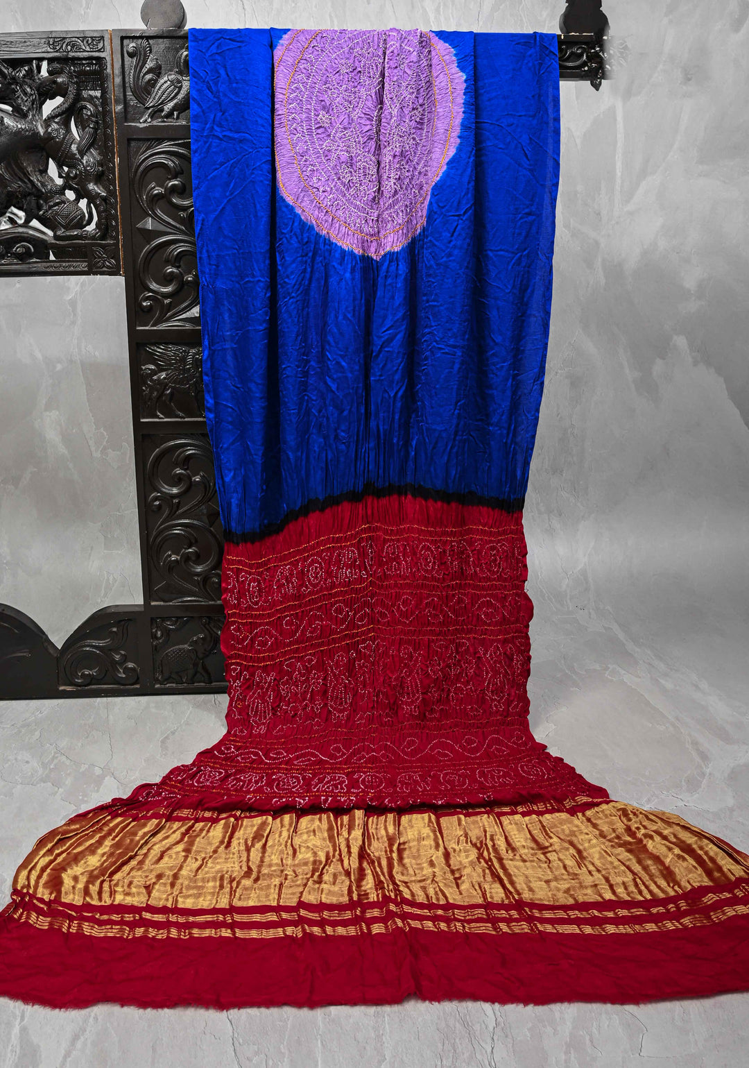 Royal Blue Hand Shibori Mandala Dye and Bandhej Design on Kaftan Habutai Silk Saree | SILK MARK CERTIFIED