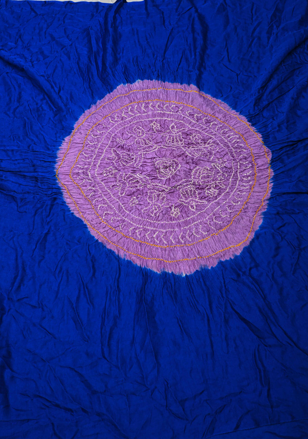 Royal Blue Hand Shibori Mandala Dye and Bandhej Design on Kaftan Habutai Silk Saree | SILK MARK CERTIFIED