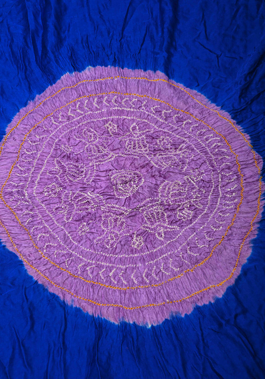 Royal Blue Hand Shibori Mandala Dye and Bandhej Design on Kaftan Habutai Silk Saree | SILK MARK CERTIFIED