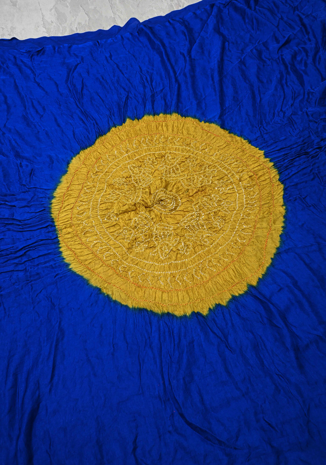 Royal Blue Hand Shibori Mandala Dye and Bandhej Design on Kaftan Habutai Silk Saree | SILK MARK CERTIFIED