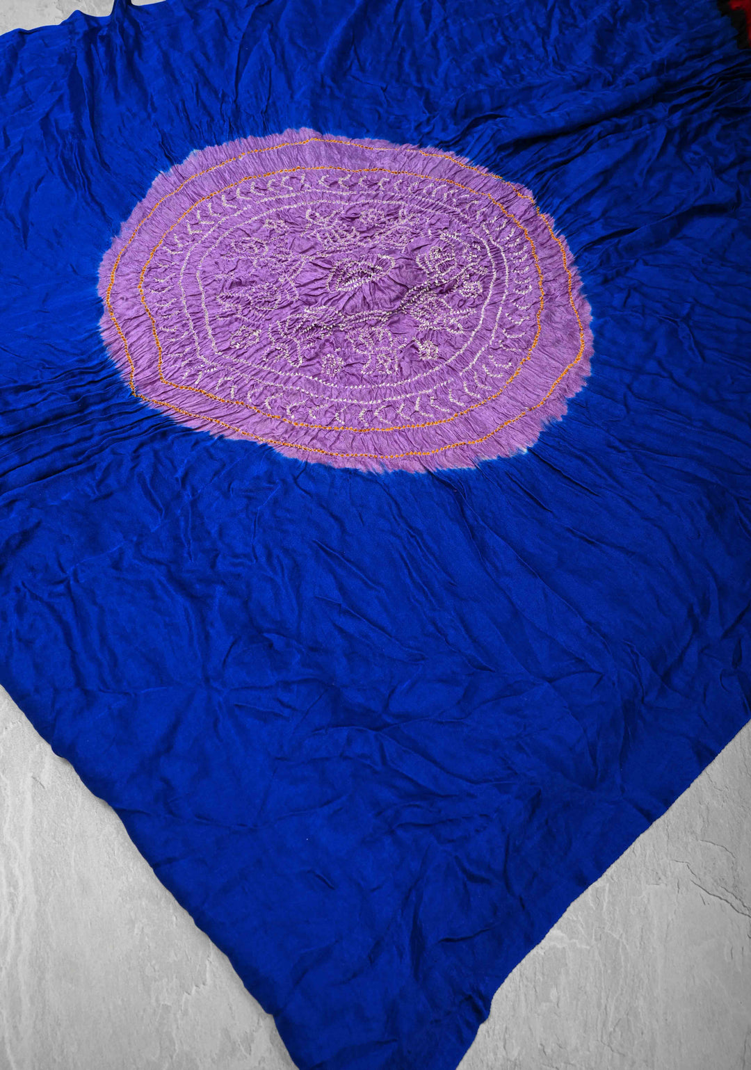 Royal Blue Hand Shibori Mandala Dye and Bandhej Design on Kaftan Habutai Silk Saree | SILK MARK CERTIFIED