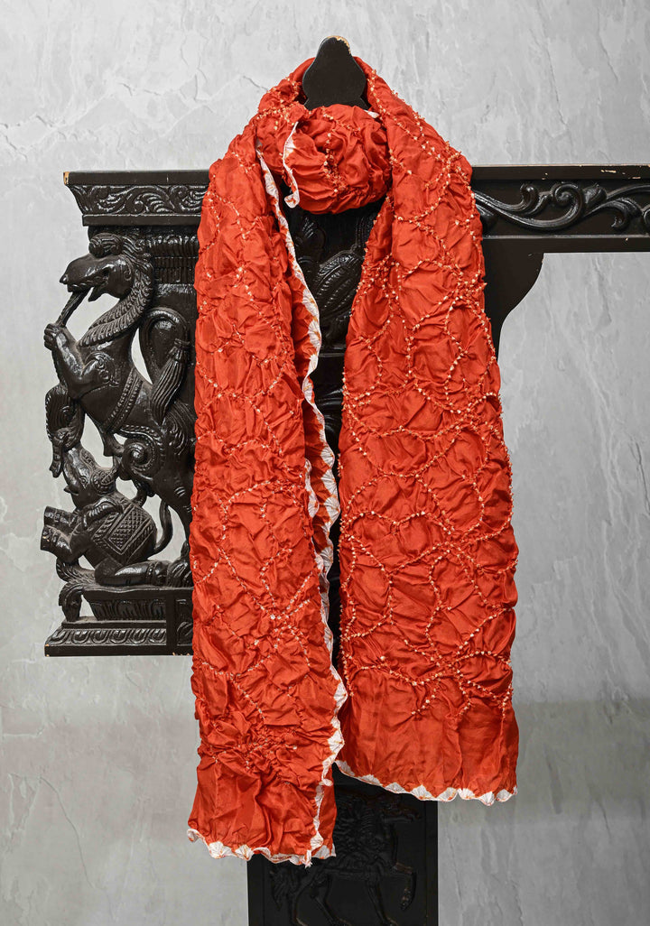 Burnt Orange Bandhni Habutai Silk Stole, Pure Silk